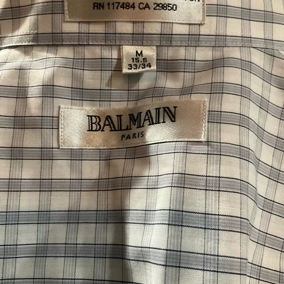 “BALMAIN” PARIS Men’s Checkered White and Grey 3/4 Sleeve Button Up Shirt. - Picture 6 of 7